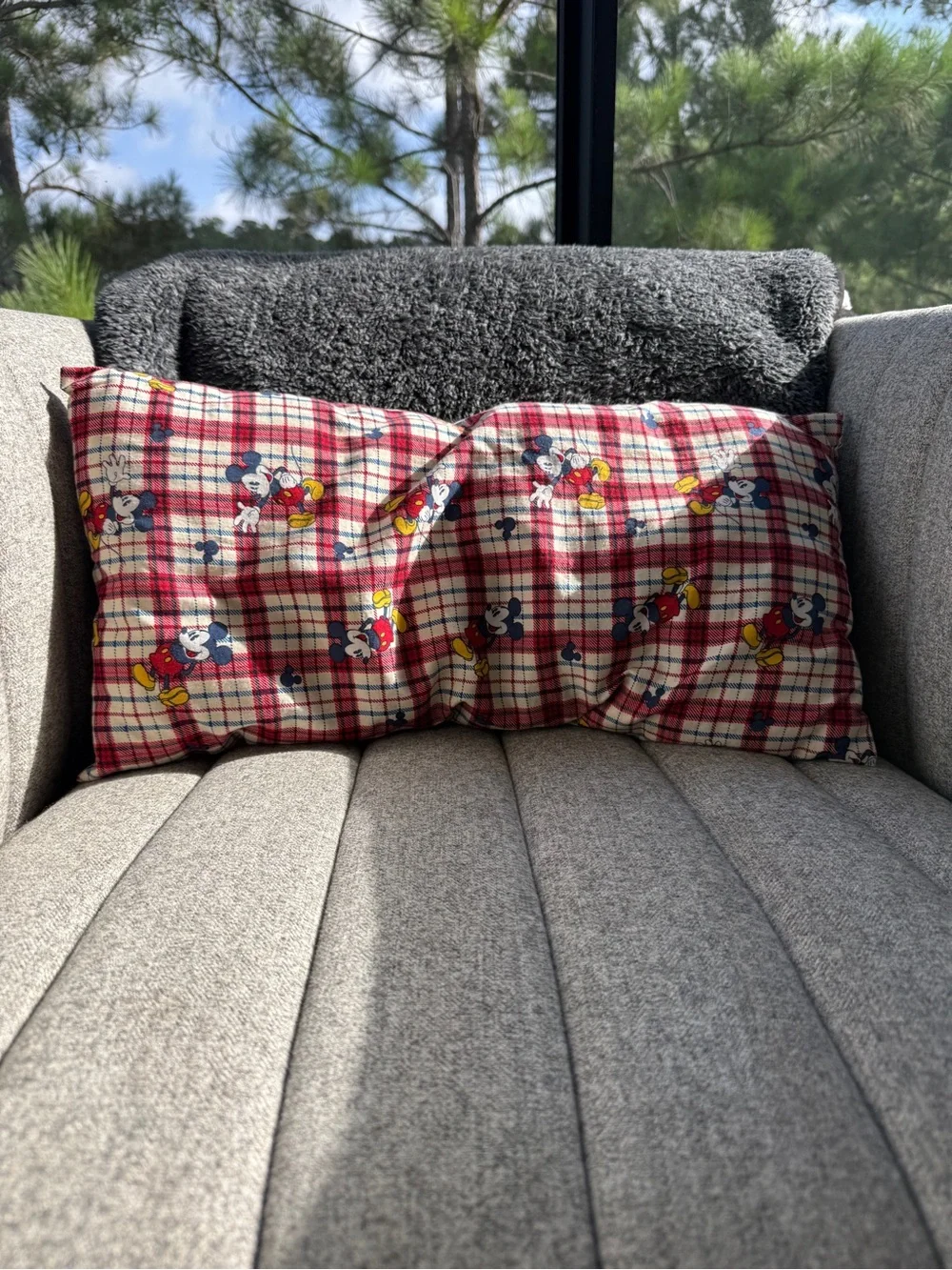 Mickey Mouse Plaid Decorative Pillow - Red and Cream